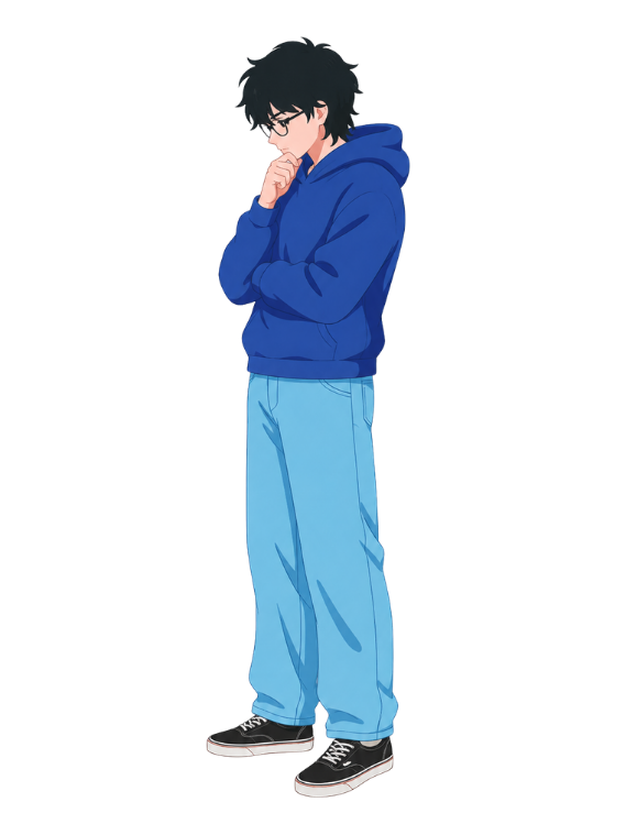 Illustration of Michael standing in thought beside his working stack